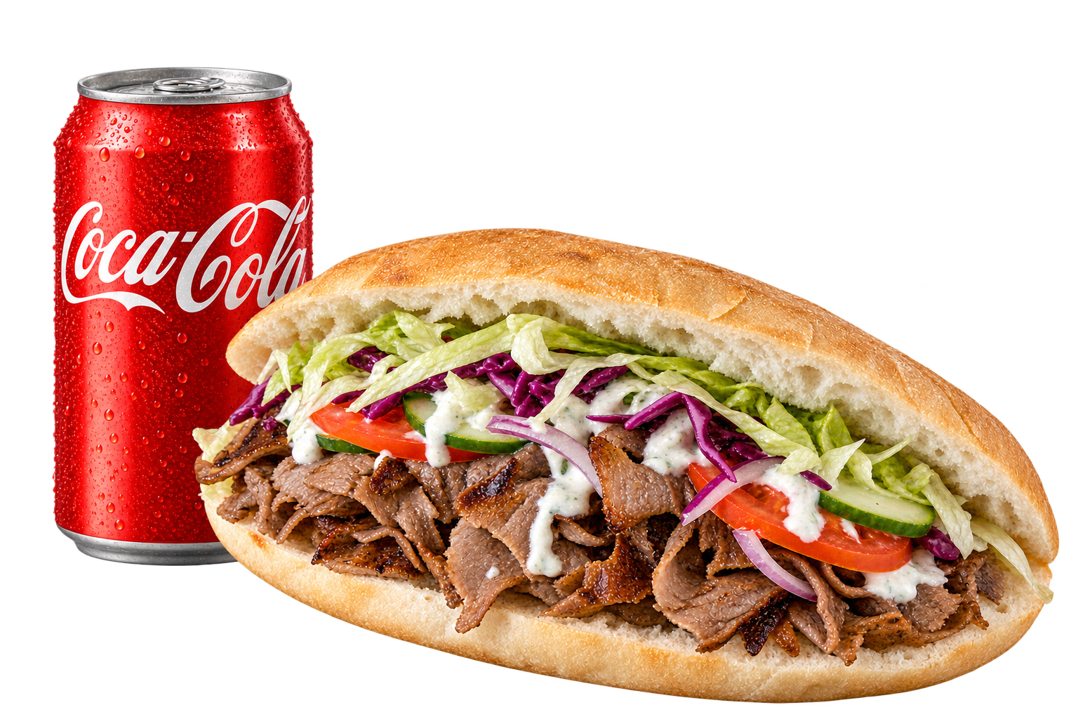 Rind-Drehspieß-Sandwich im ovalen Weißbrot ohne Sesam, mit roten Zwiebeln, Eisbergsalat, Rotkohl, Tomaten, Gurken und Knoblauch-Joghurtsauce, daneben goldene Pommes und eine Dose Coca-Cola; zur Wahl stehen Saucen: Tzatziki, Cocktail und Scharf