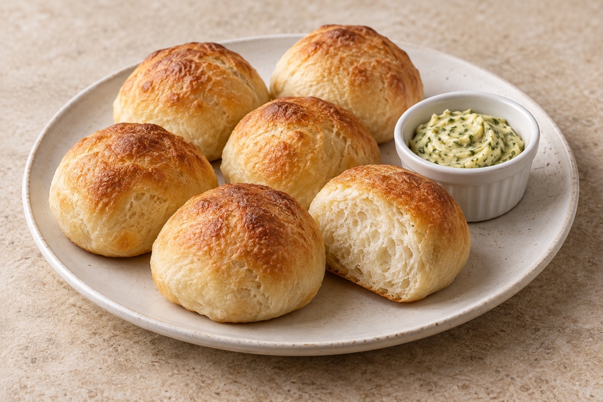 Sechs ungefüllte Pizzabrötchen mit Kräuterbutter